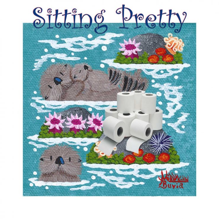 three little otters floating in a tidepool with a pile of 9 toilet paper rolls on a rock 